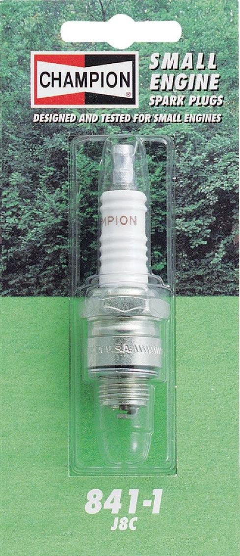 Small engine spark plug with nickel alloy electrodes, packaged for home improvement and parts under $50.