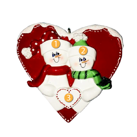 Heart-shaped ornament with two smiling snow figures wearing scarves in Christmas Ornaments & Tree Decorations collection
