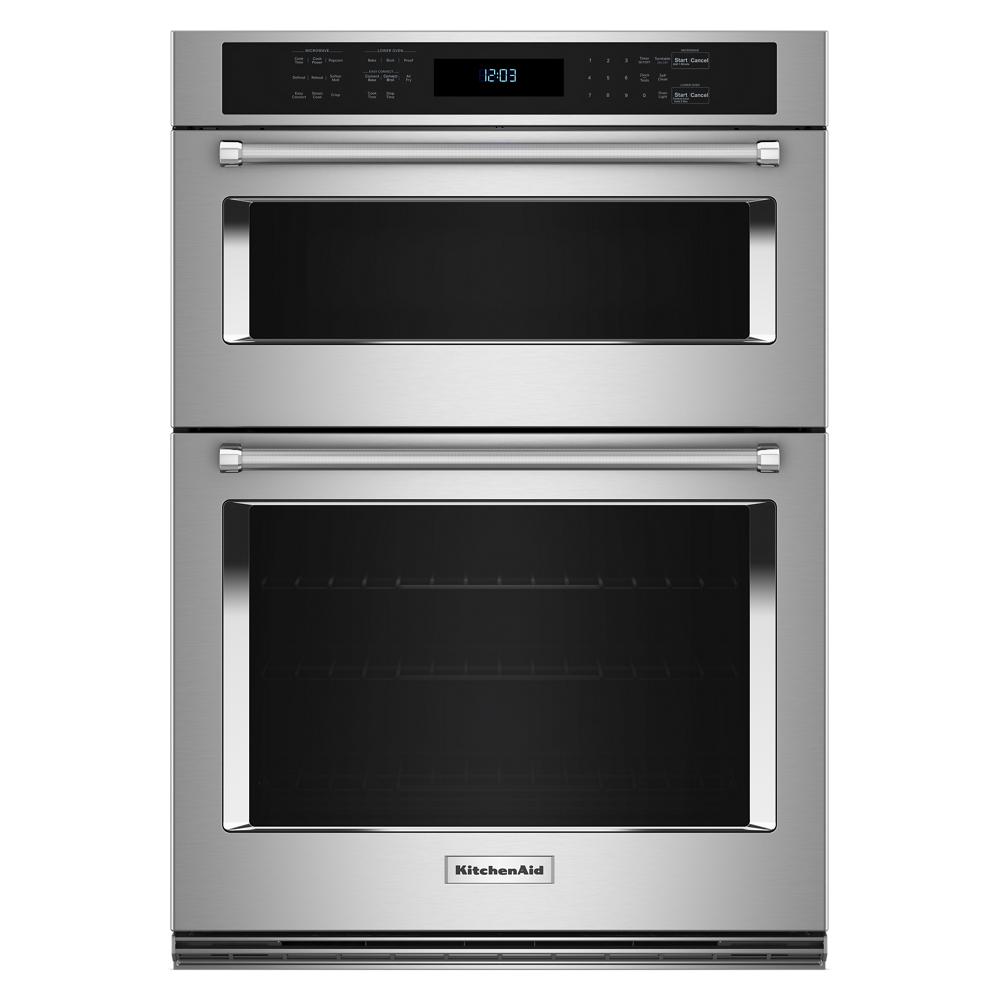 Stainless steel double wall oven with digital control panel and upper microwave oven featuring air fry mode, part of KitchenAid appliances at Hartville Hardware.