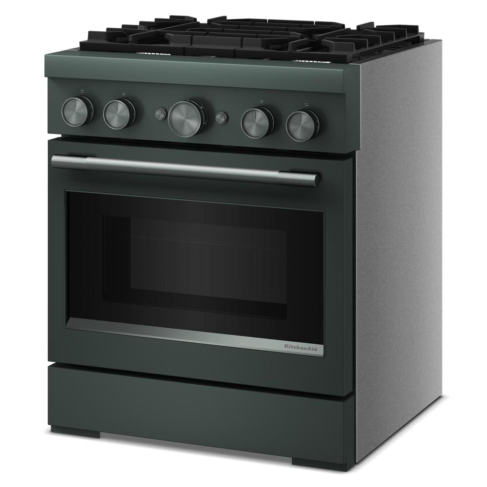 matte dark green 30-inch KitchenAid commercial-style dual fuel range with four burners and stainless steel handle in ranges collection