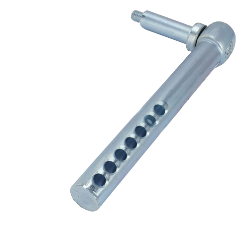 Metal right hand mower deck gage wheel arm with multiple adjustment holes for John Deere parts and automotive tools collections