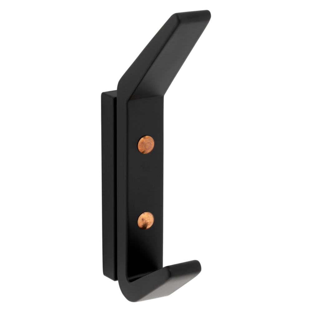 Matte black geometric steel hook with copper-toned mounting screws for storage and closet organization under $50 tools