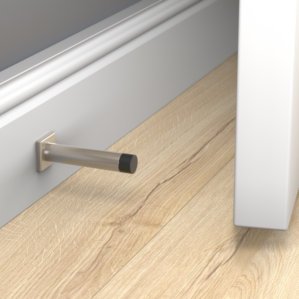 Satin nickel door stop with durable aluminum base and black tip for wall protection in door accessories under $50