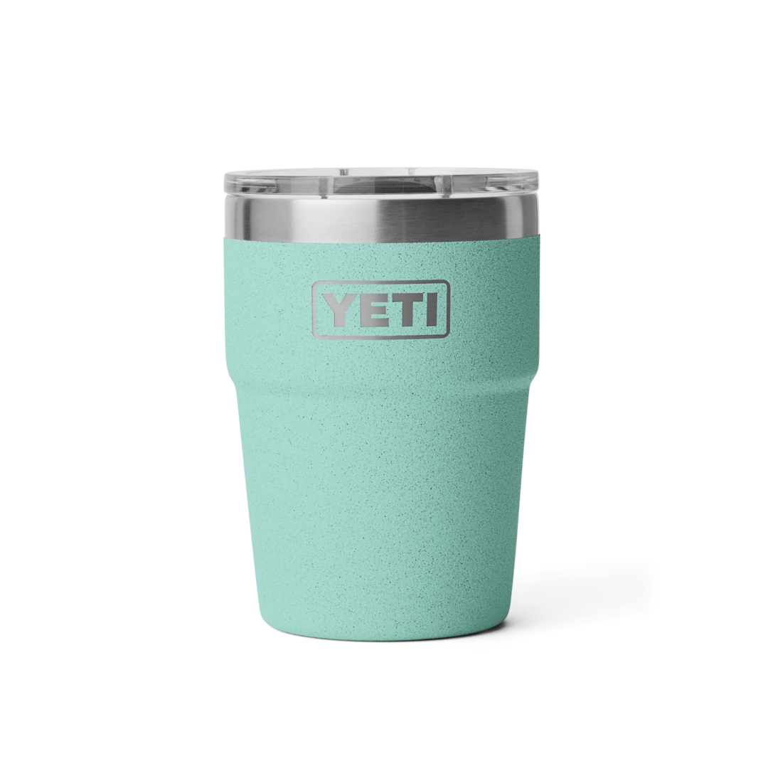 Light teal insulated 16 oz stackable cup with stainless steel rim and clear lid for drinkware and kitchenware collections