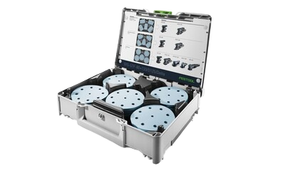 Compact gray Festool storage case neatly organizing blue delta-shaped and circular abrasives for woodworking tool storage and workshop use