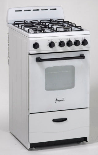 Compact white 20-inch gas range with four burners, oven window, and control knobs in Ranges and Appliances collections