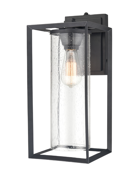 Black metal outdoor wall light with clear seeded glass and dusk to dawn sensor for outdoor living and lighting collections