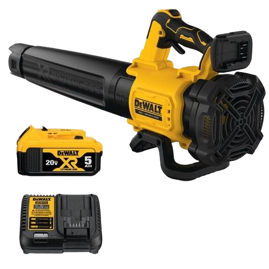 Yellow and black cordless handheld blower with 20V battery and charger for tools and home improvement tasks