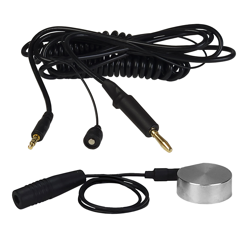 Compact metal CNC mini touch plate accessory with coiled black cable and connectors for woodworking tools and CNC setups