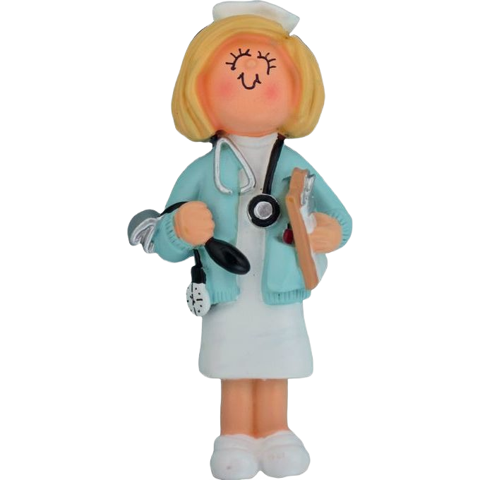 Charming blonde nurse figurine ornament wearing scrubs and stethoscope for Christmas Ornaments & Tree Decorations collection