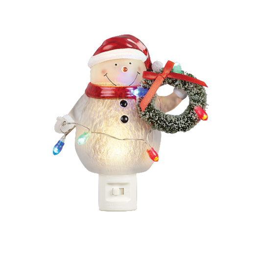 Festive snowman nightlight with red hat, scarf, wreath, and colorful string lights for Christmas Lights collection