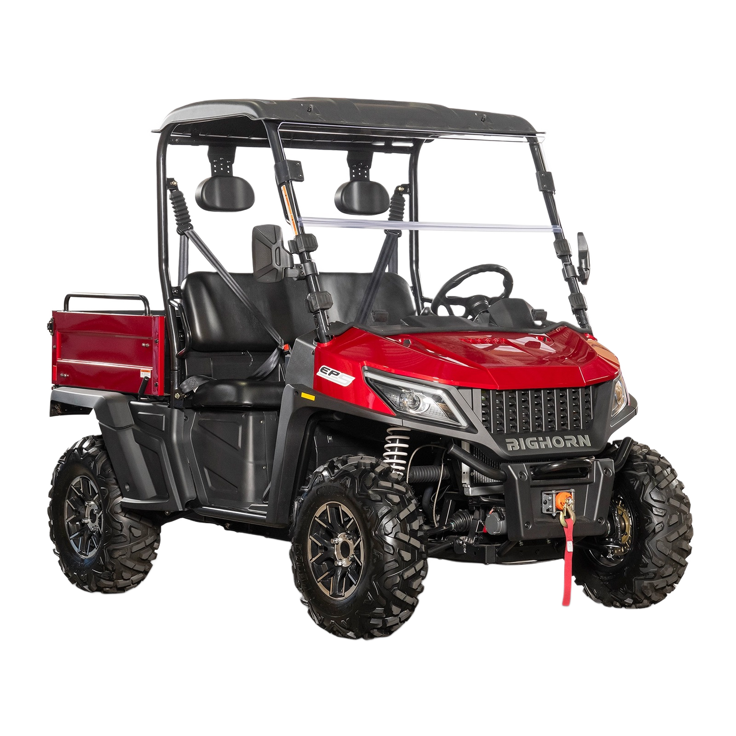 Red off-road UTV with black roof, two seats, rugged tires, and front winch for outdoor and home improvement use