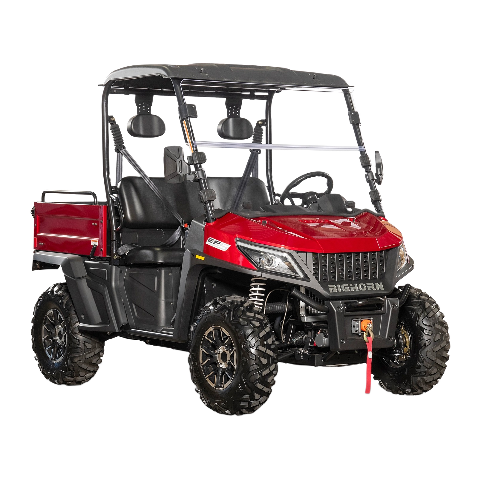 Red off-road UTV with black roof, two seats, rugged tires, and front winch for outdoor and home improvement use