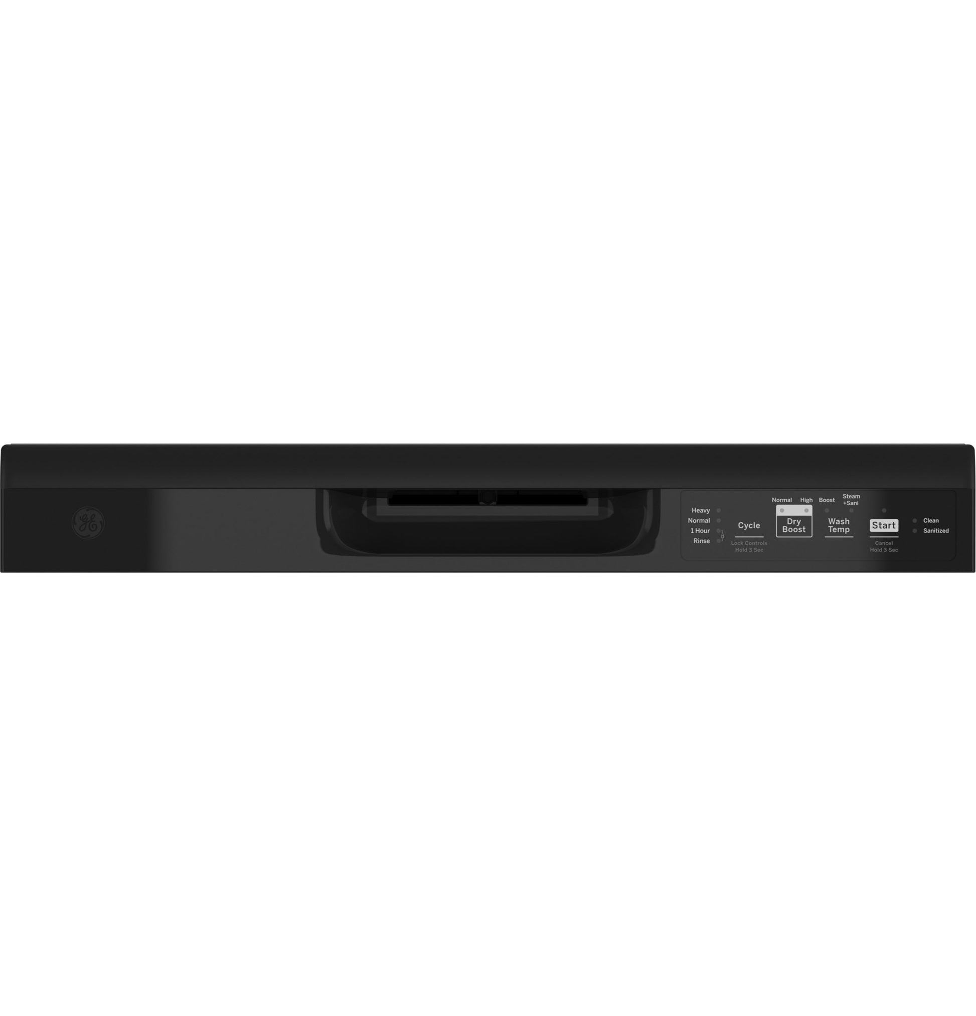 Black dishwasher front control panel with buttons and digital display, part of kitchen and appliance collections