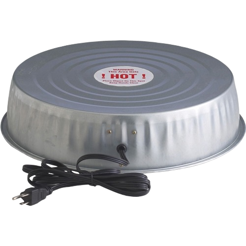 Round metal electric heater base with power cord designed for warming waterers in home improvement settings