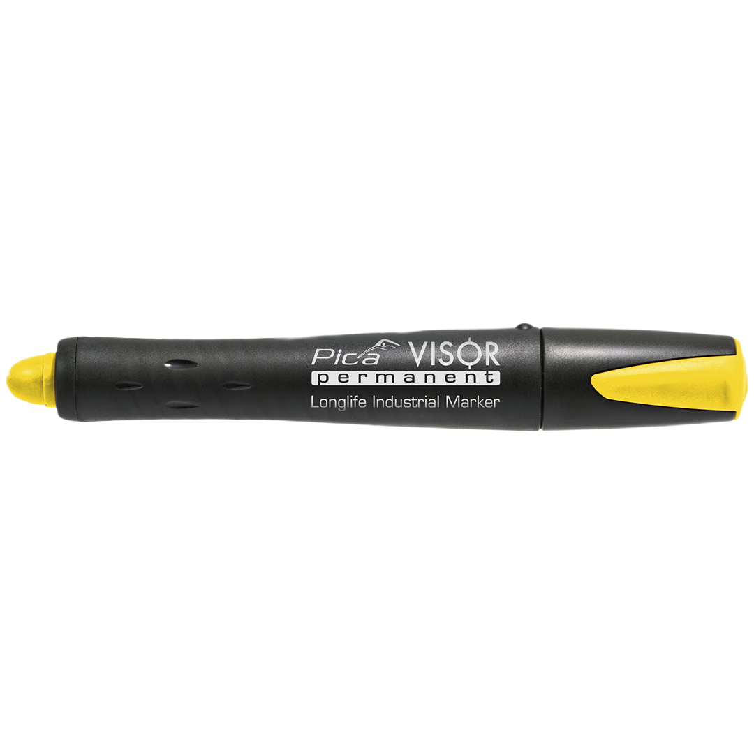 Refillable yellow permanent marker with durable design for industrial use in woodworking and measuring tools collections.