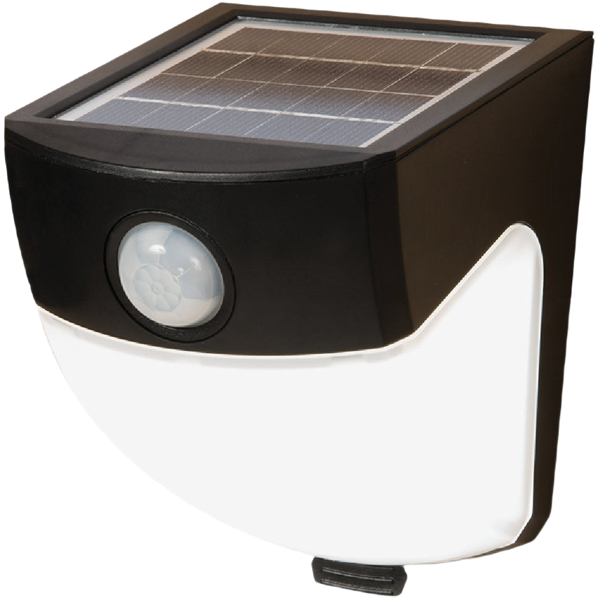 Black and white outdoor LED floodlight with motion sensor and solar panel for energy-efficient home improvement lighting