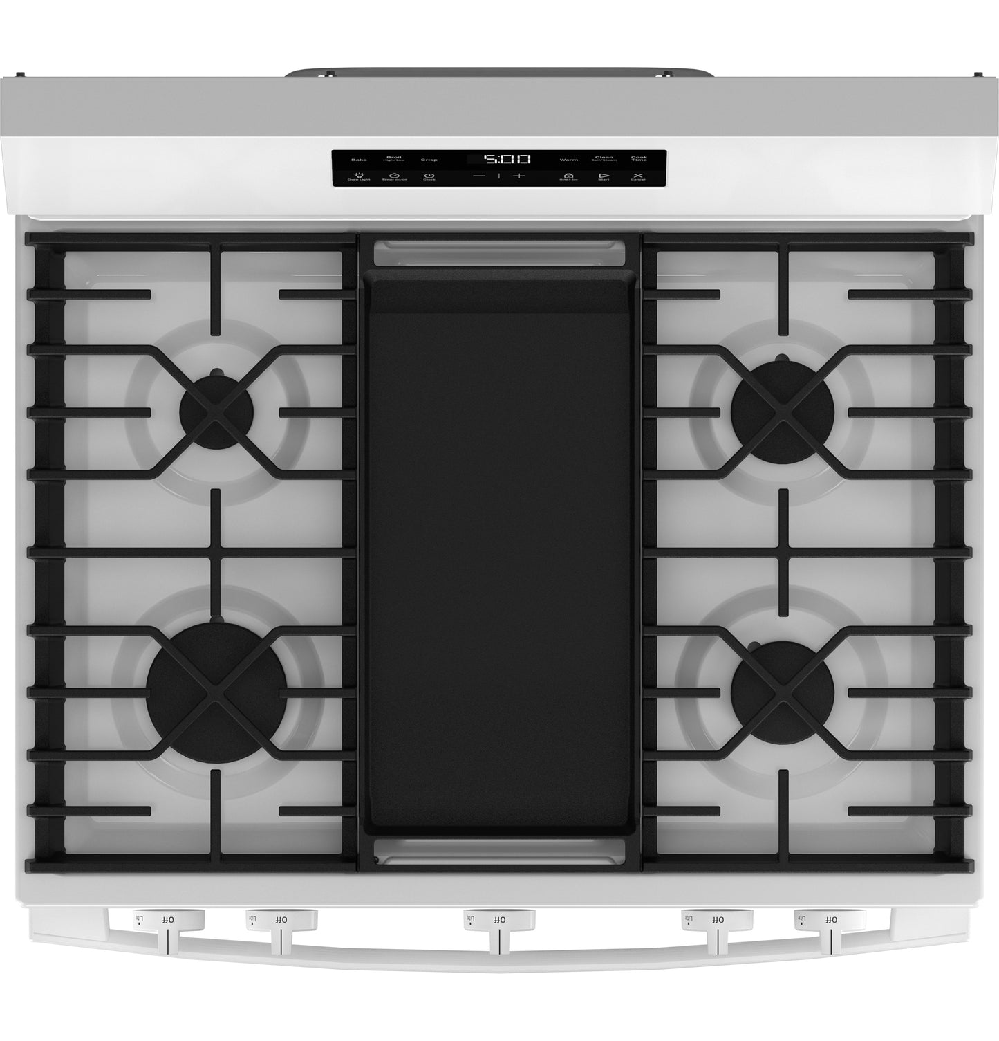 Top view of a white free-standing gas range featuring five burners and a central griddle from kitchen appliances collection