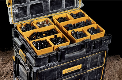 Black and yellow heavy-duty organizer with clear lid and removable compartments for tools and home improvement storage
