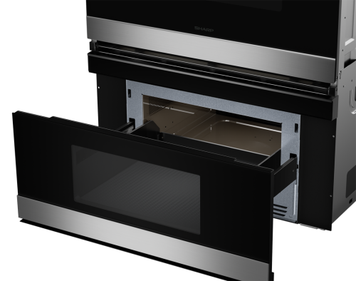 Open black and stainless steel smart microwave drawer with Easy-Wave Open feature in modern kitchen appliance setup
