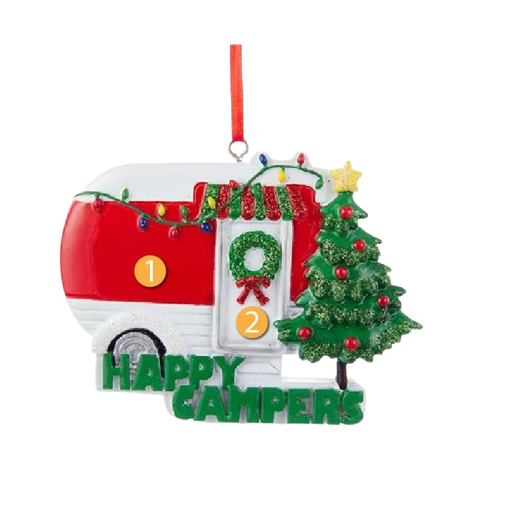 Festive camper ornament with red and white trailer, decorated Christmas tree, and happy campers text for holidays