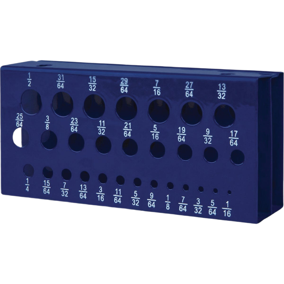 Steel drill bit stand with labeled holes for sizes 1/16 to 1/2 inch in tool and power accessories collections