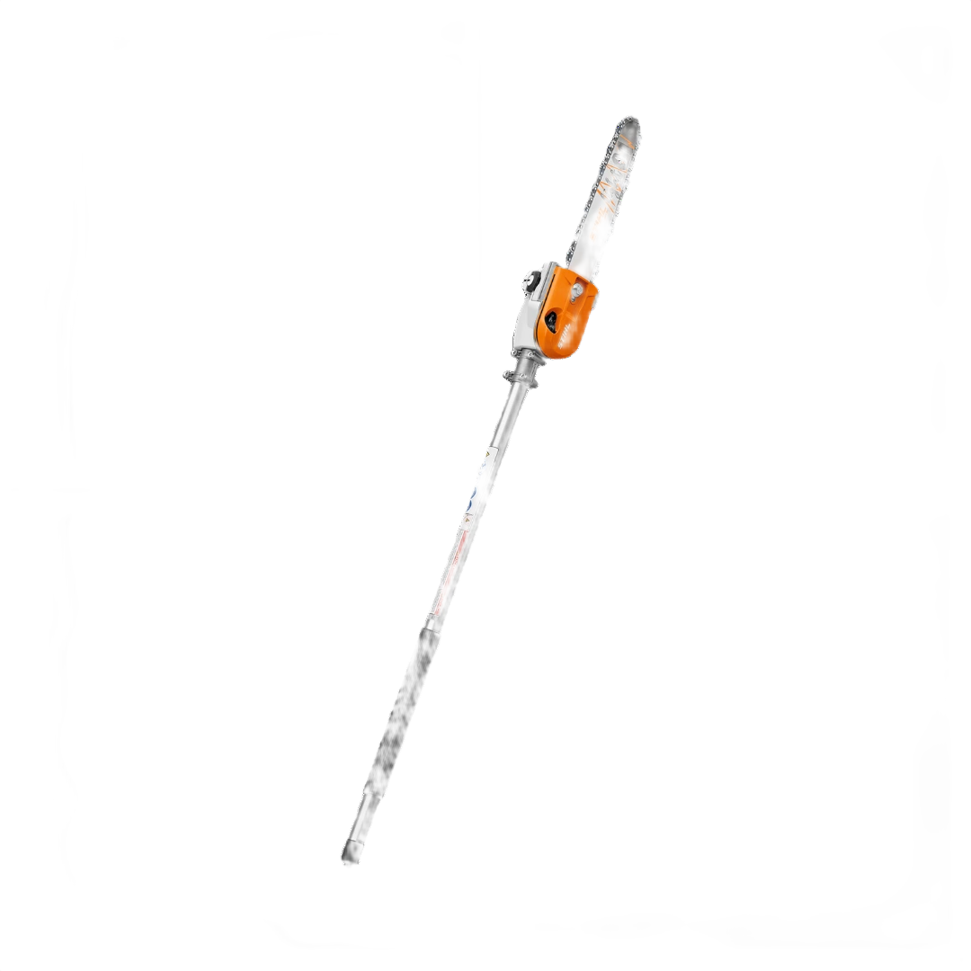Orange and silver pole pruner attachment for STIHL KombiSystem with chain guide and adjustable tensioner for pruning tools