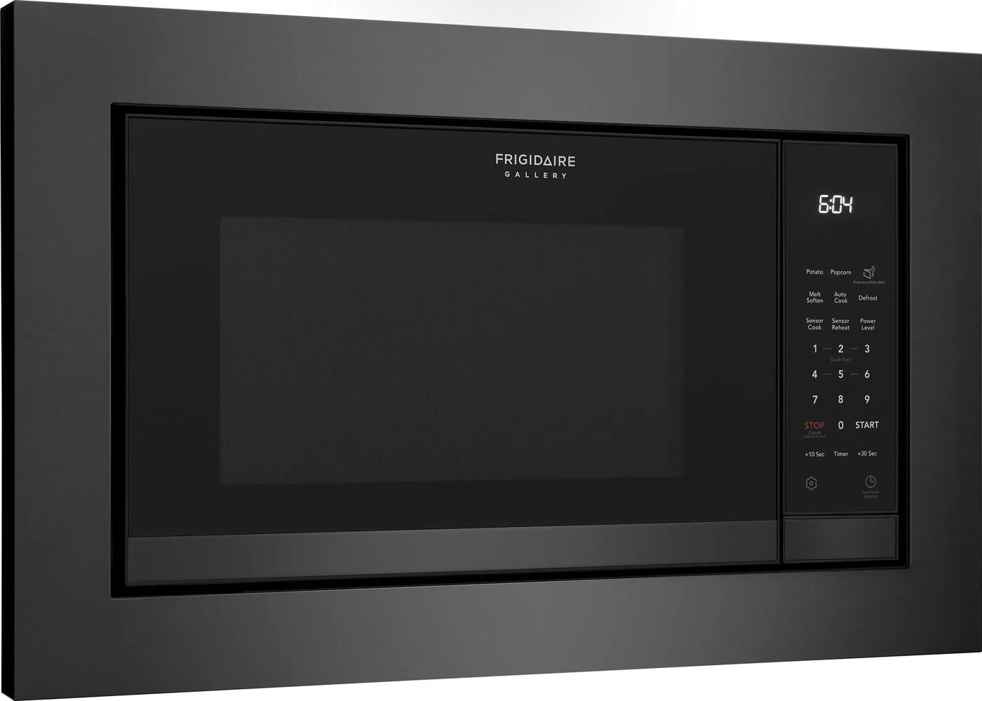 Black built-in microwave with digital control panel and LED clock display for kitchen appliances and home improvement use