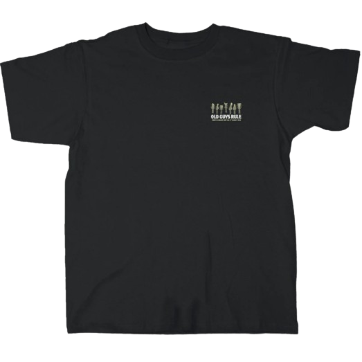 Black men's casual shirt with small classic rock-themed graphic and humorous vintage design for men collections