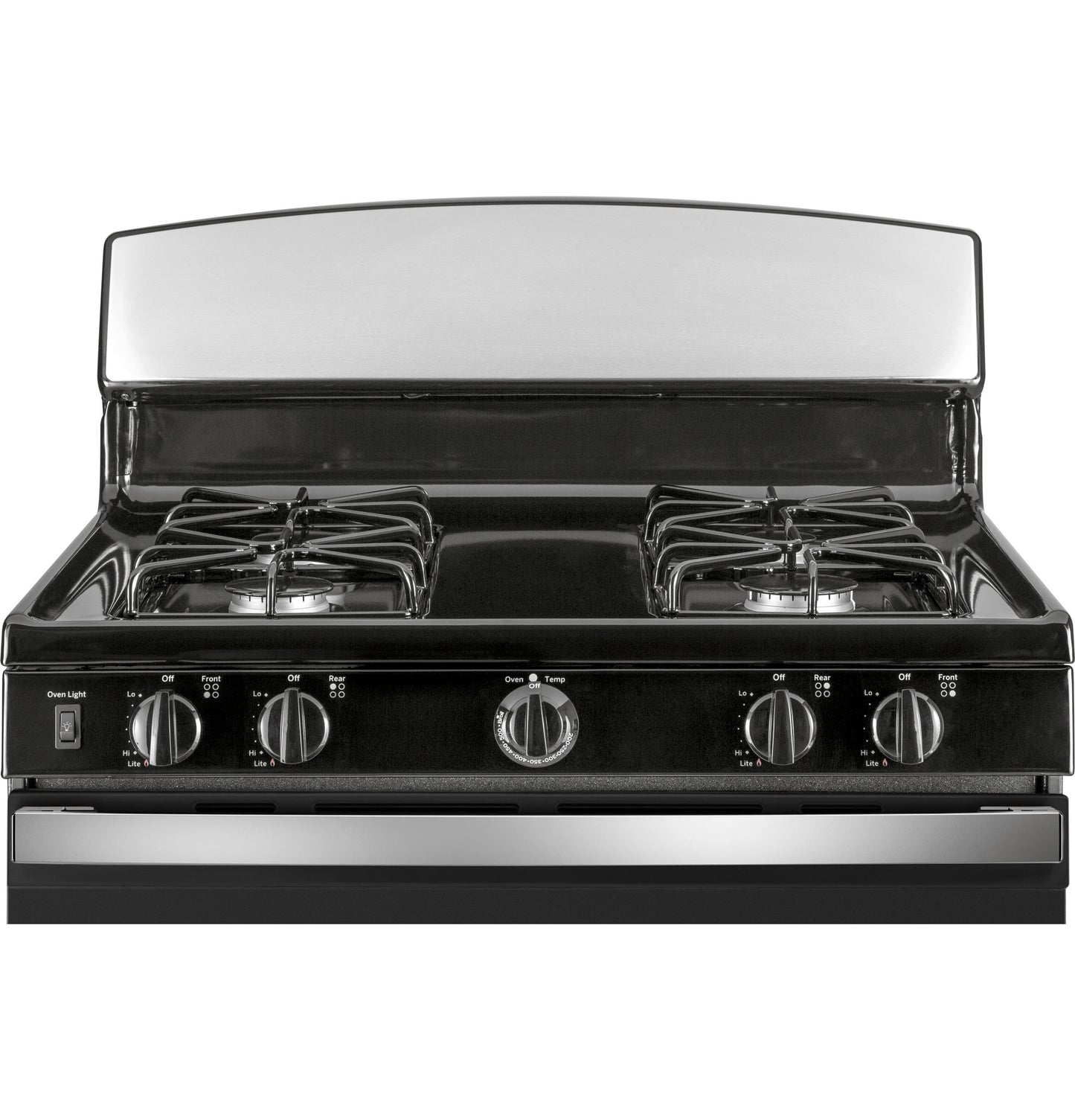 Black and stainless steel gas range with four burners and front control knobs in kitchen and gas ranges collection