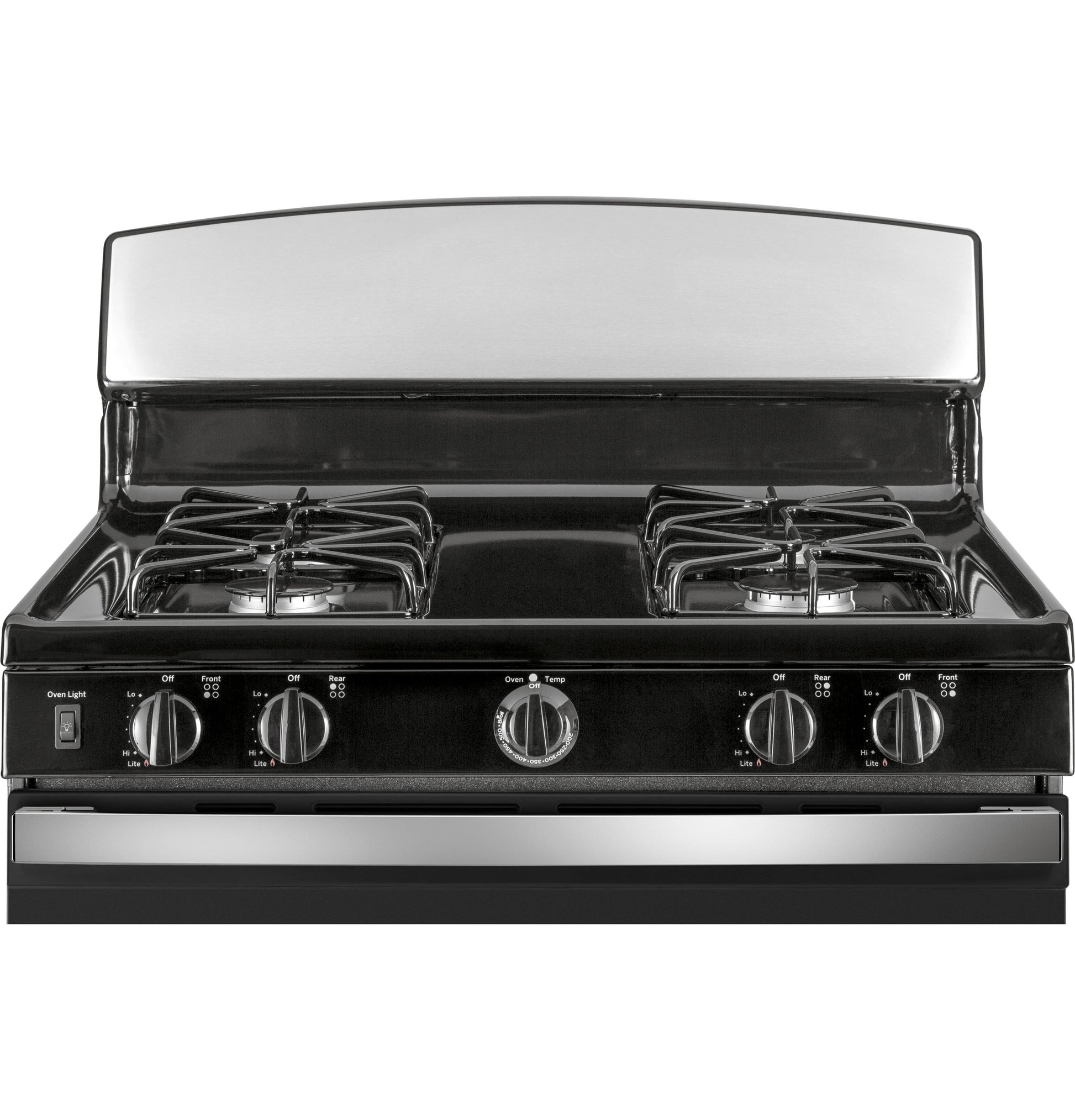 Black and stainless steel gas range with four burners and front control knobs in kitchen and gas ranges collection