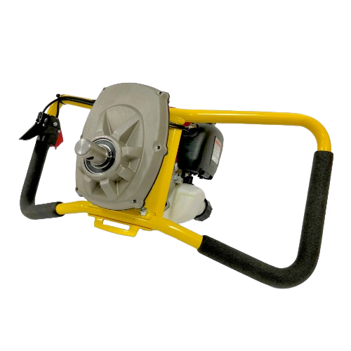 Yellow hand-held earth auger frame with padded black handles and visible engine, part of rental equipment and landscaping tools at Hartville Hardware.