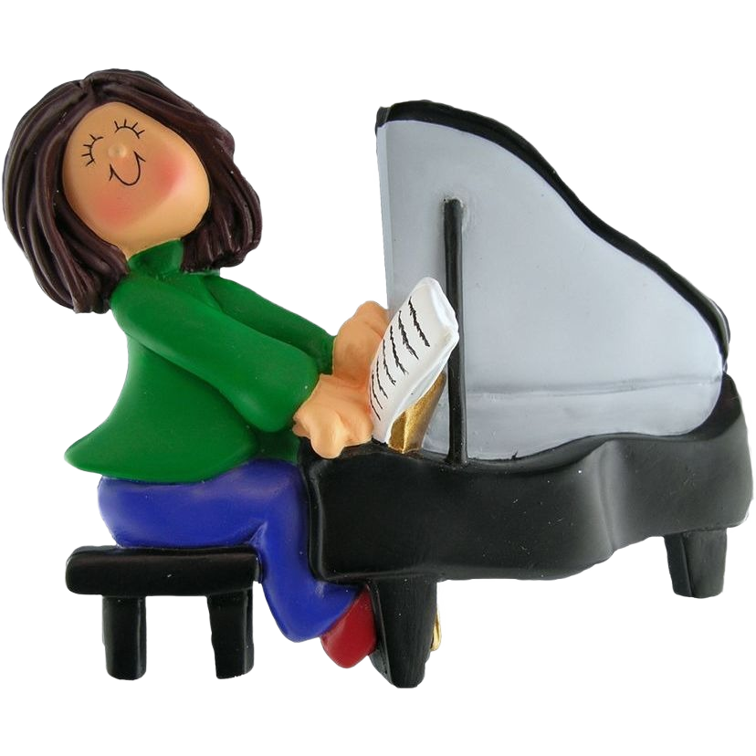 Brunette female figurine playing grand piano wearing green top and blue pants Christmas ornament decoration
