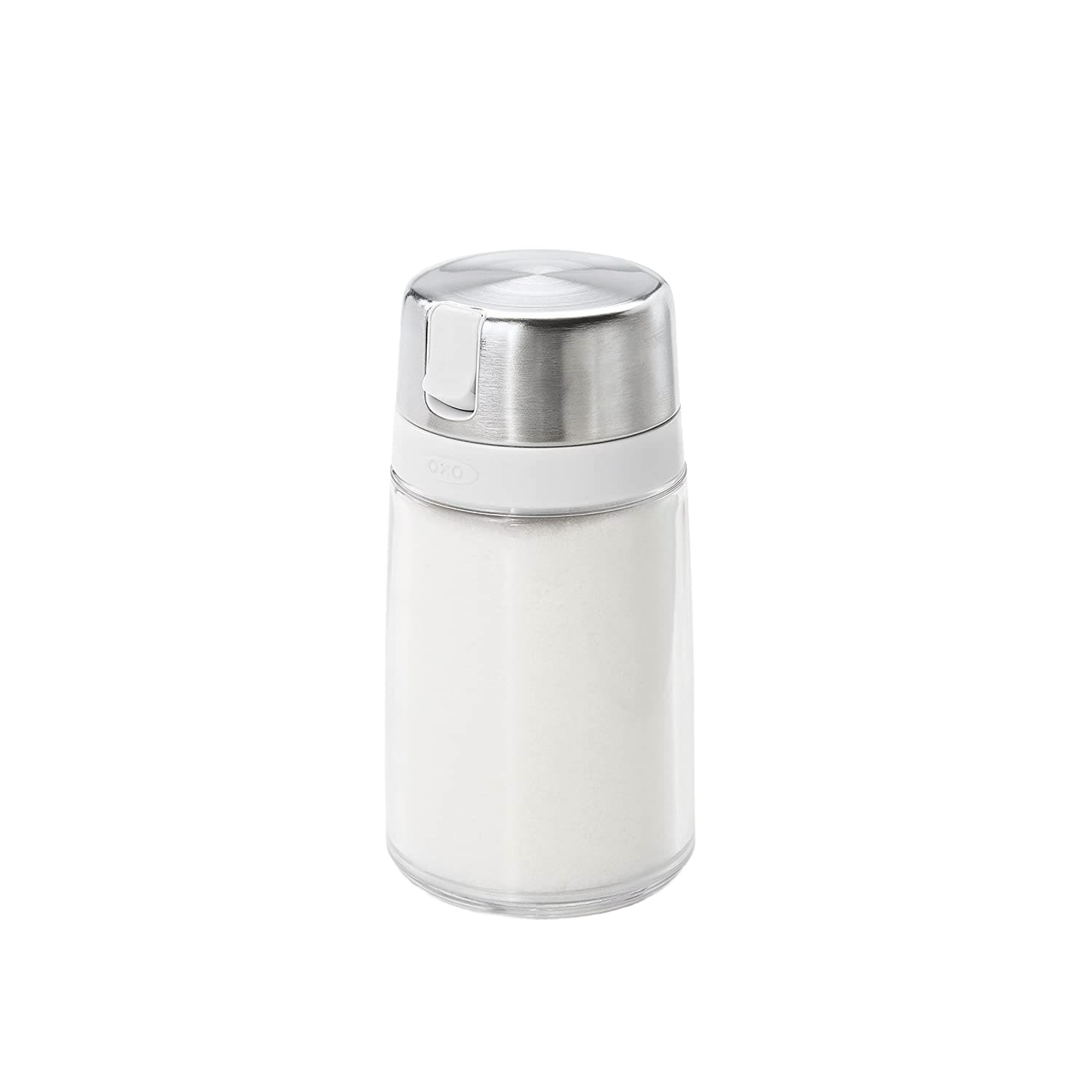 Clear sugar dispenser with stainless steel lid and white grip for kitchen storage and food organization