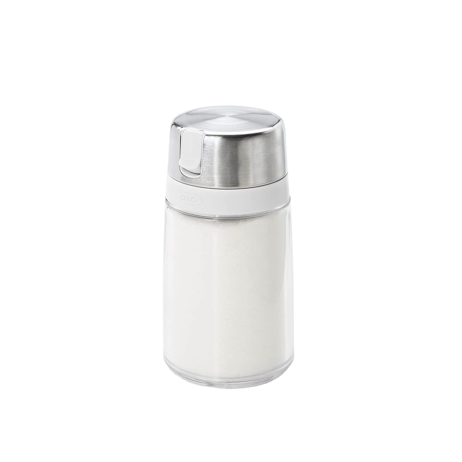 Clear sugar dispenser with stainless steel lid and white grip for kitchen storage and food organization