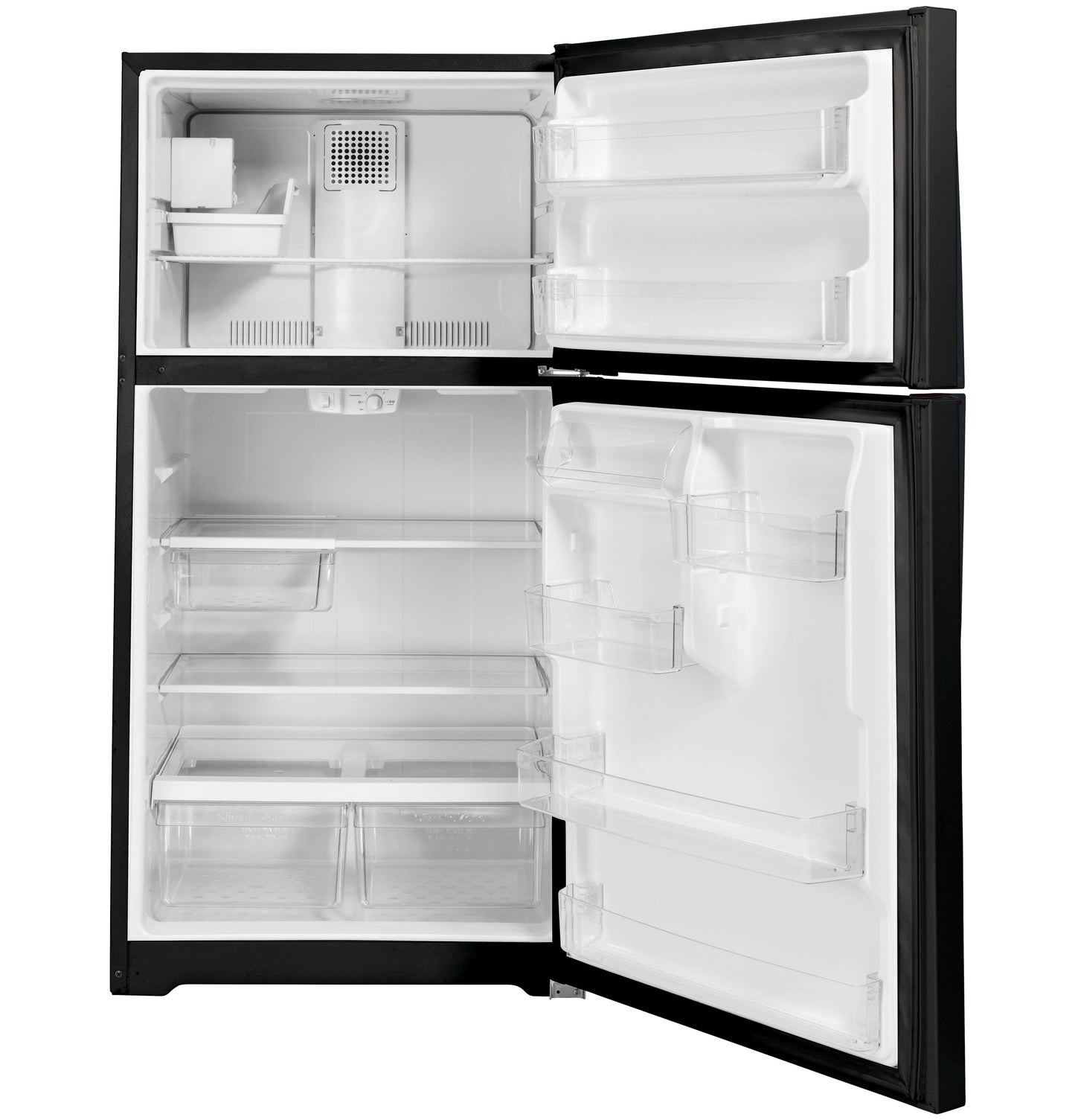 Black GE ENERGY STAR top-freezer refrigerator open to show adjustable shelves and door bins in kitchen appliances collection