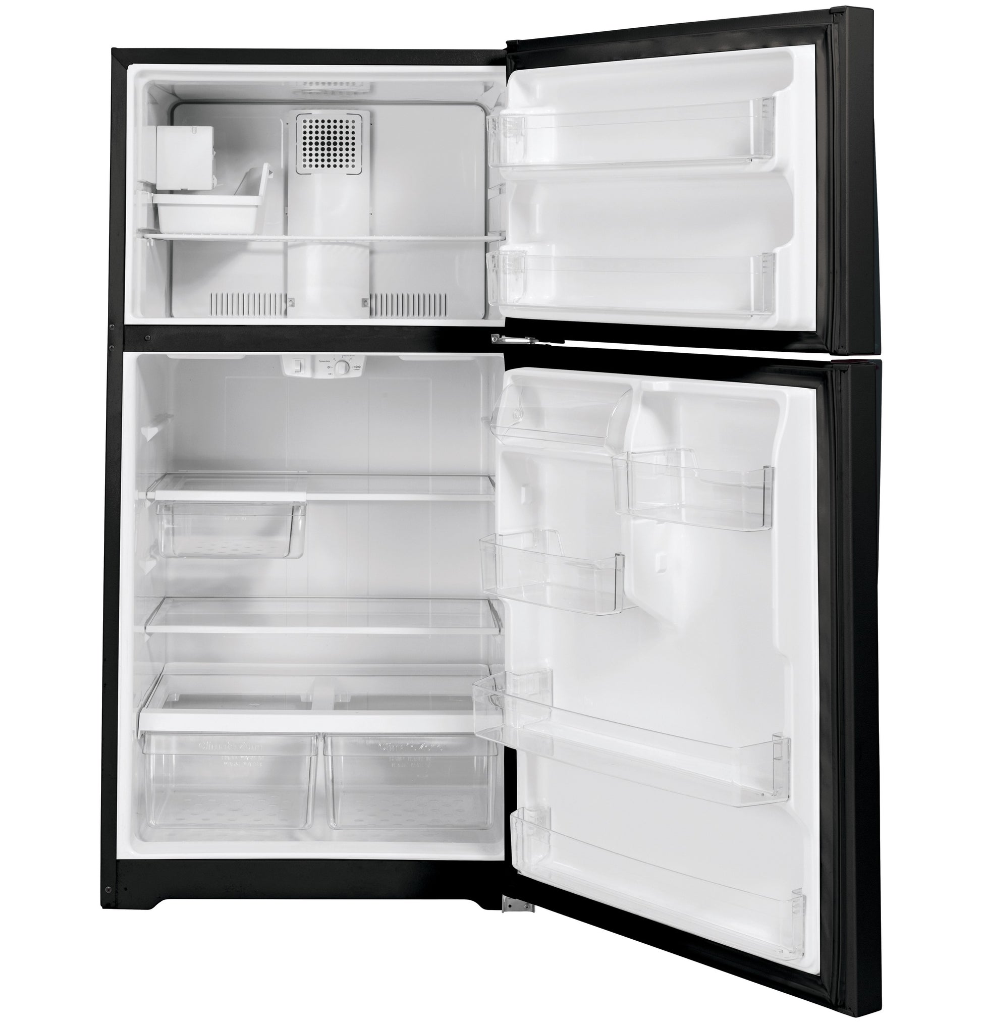 Black GE ENERGY STAR top-freezer refrigerator open to show adjustable shelves and door bins in kitchen appliances collection