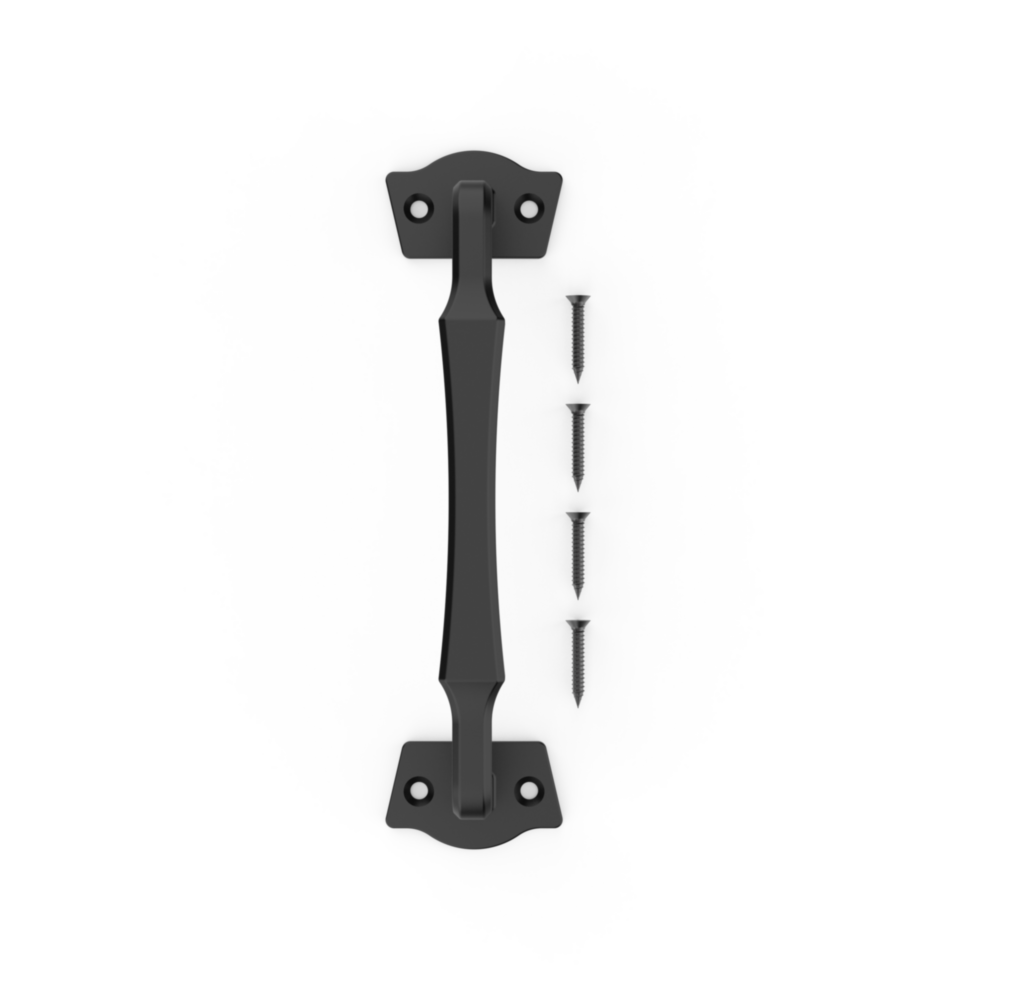 Black rustic modern gate pull with mounting screws for durable door and gate hardware in home improvement projects