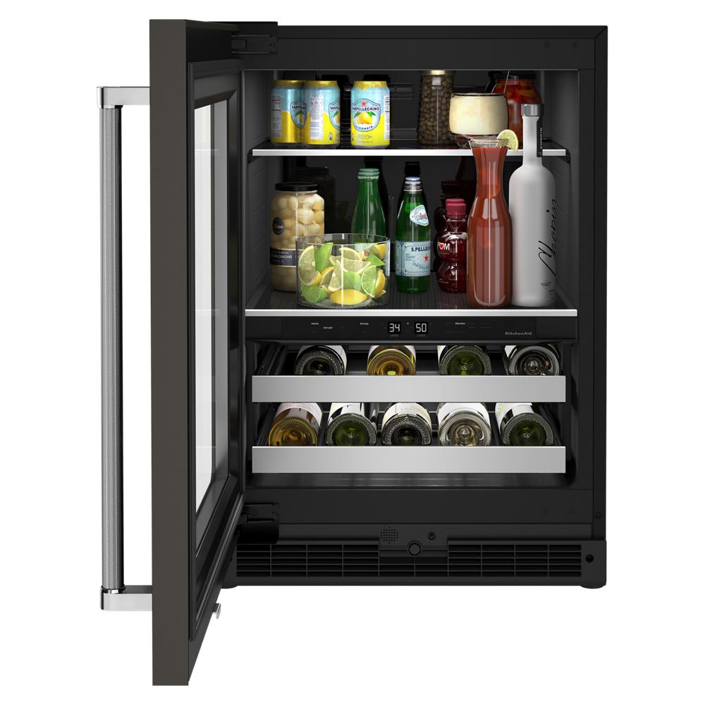 Undercounter beverage center with glass door, metal-front racks, dual temperature zones, and PrintShield™ finish
