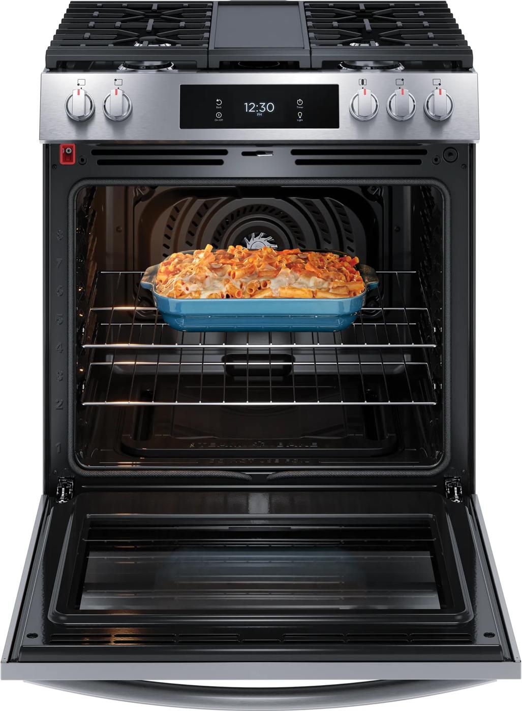 open oven door showing baked pasta dish inside stainless steel gas range from ranges collection