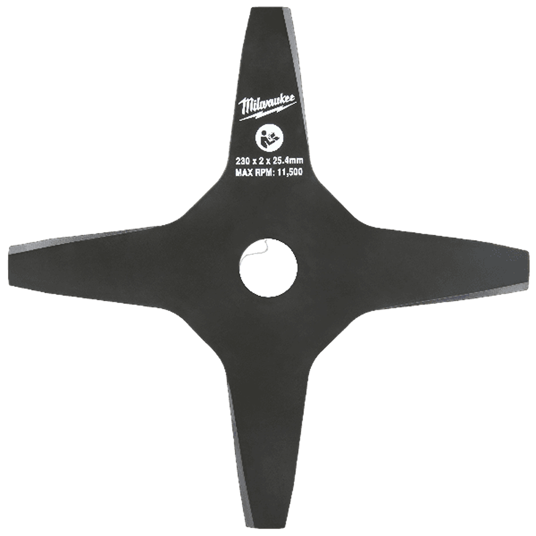 Four-pronged metal blade for brush cutting with central mounting hole, designed for outdoor power tools and home improvement tasks
