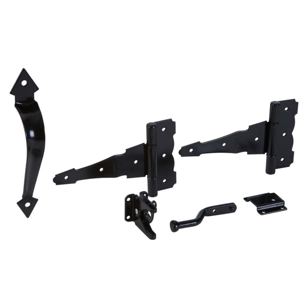 Black plated steel gate hardware kit with decorative hinges, latch, and handle for home improvement and gate accessories