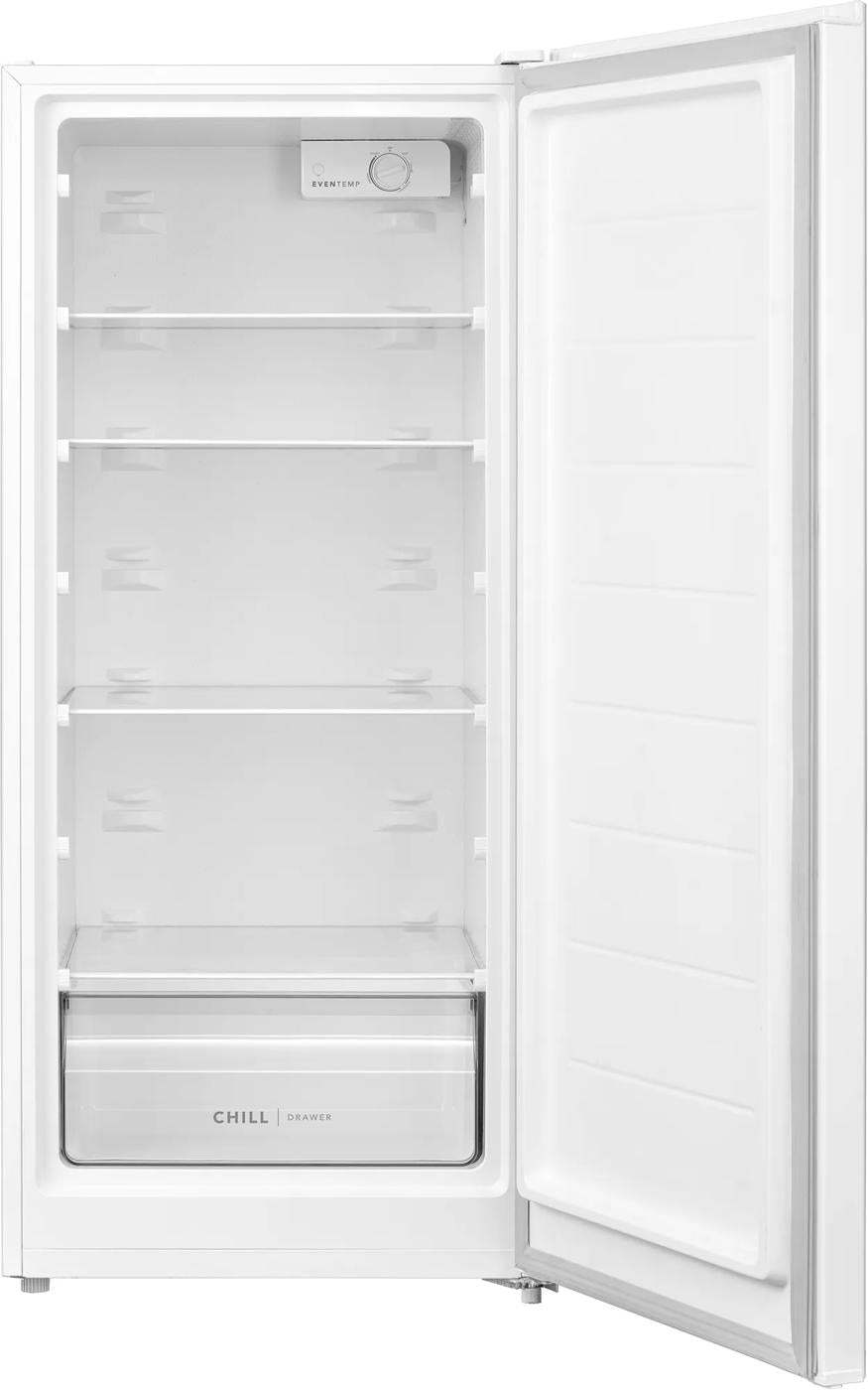 White upright freezer with open door showing adjustable shelves and chill drawer, ideal for Freezers & Ice Makers, Upright Freezers, Kitchen & Kitchenware, and Appliances collections.