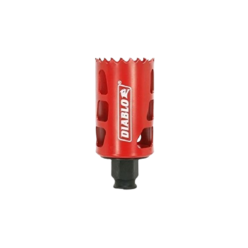 Red metal hole saw with sharp teeth and black hex shank for drilling in home improvement and tools tasks