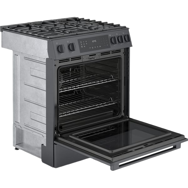 black stainless steel 30-inch gas slide-in range with open oven door showing interior racks and control knobs