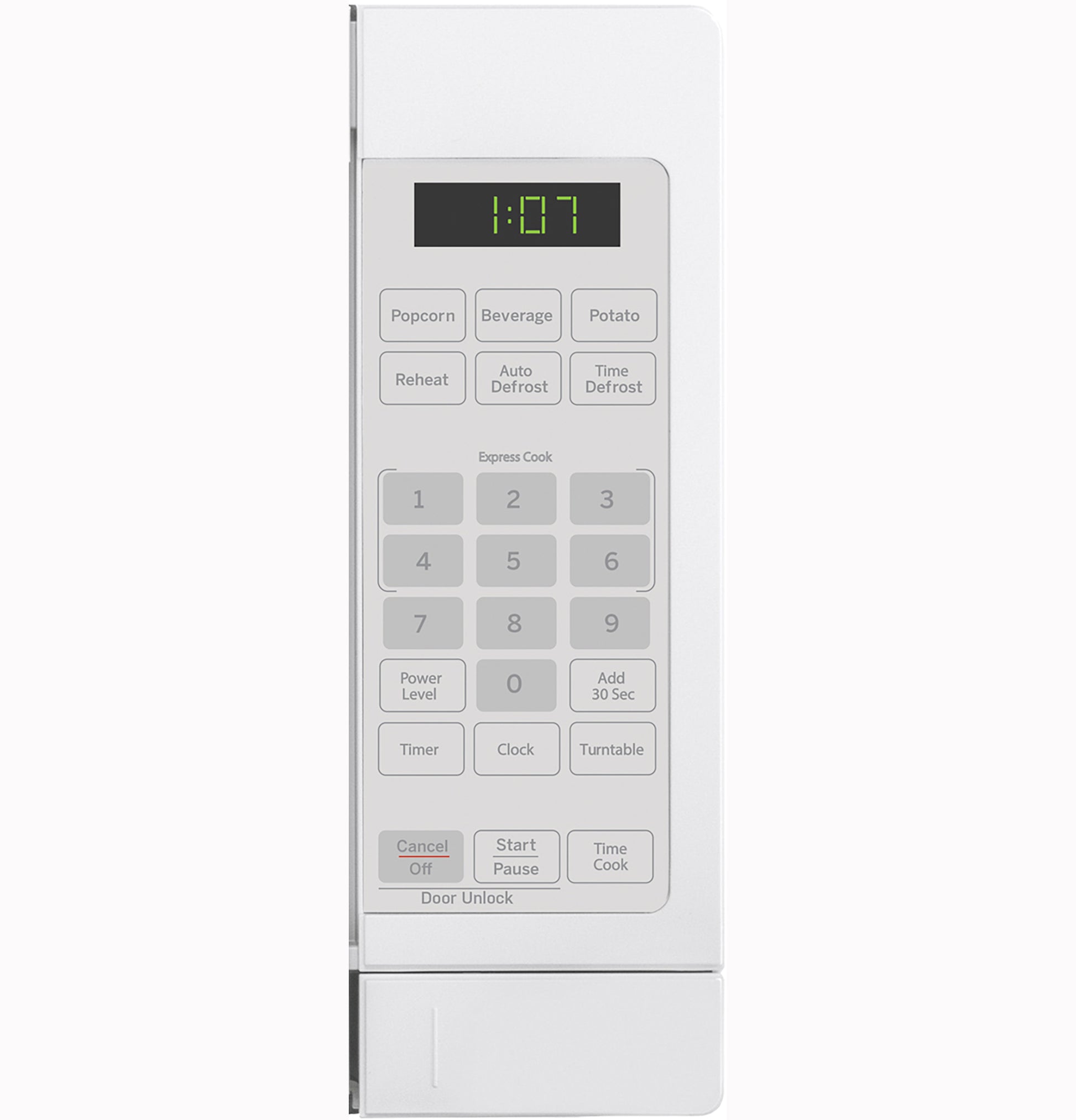 Digital control panel with preset buttons and timer display on white countertop microwave in kitchen appliances collection