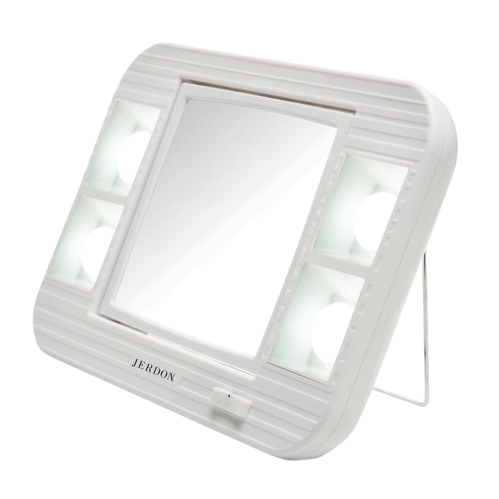 Compact white LED lighted makeup mirror with adjustable stand and side bulbs for enhanced visibility and home use