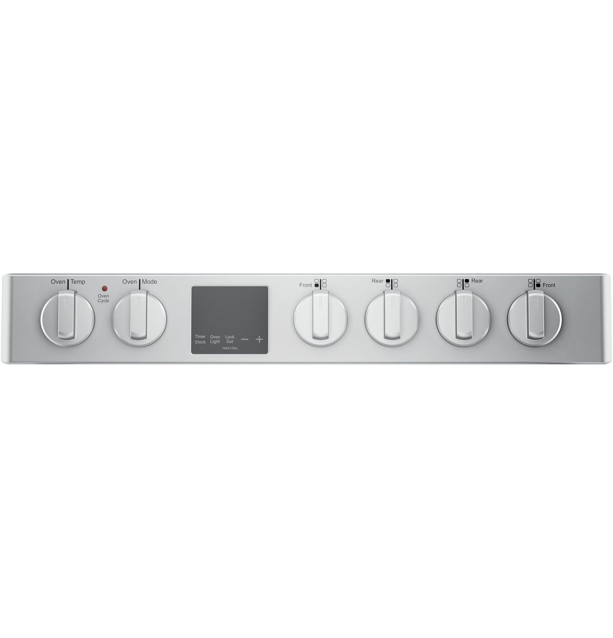 Control panel of stainless steel gas range with knob dials and digital display for oven settings in kitchen appliances collection