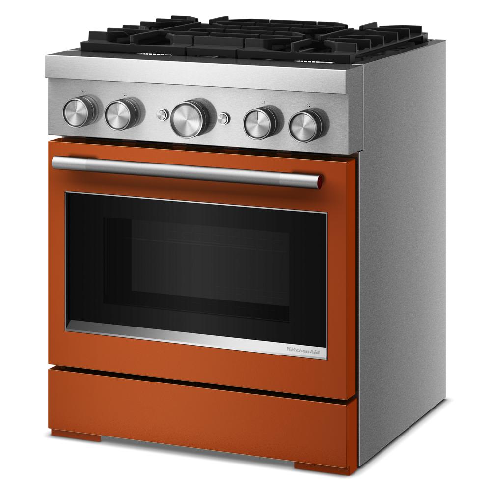 30-inch KitchenAid commercial-style dual fuel range with four burners and vibrant orange finish at Hartville Hardware