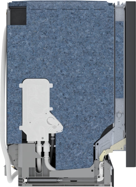 Side cross-section view of a 24-inch brushed black steel dishwasher showcasing internal components from Bosch appliances collection